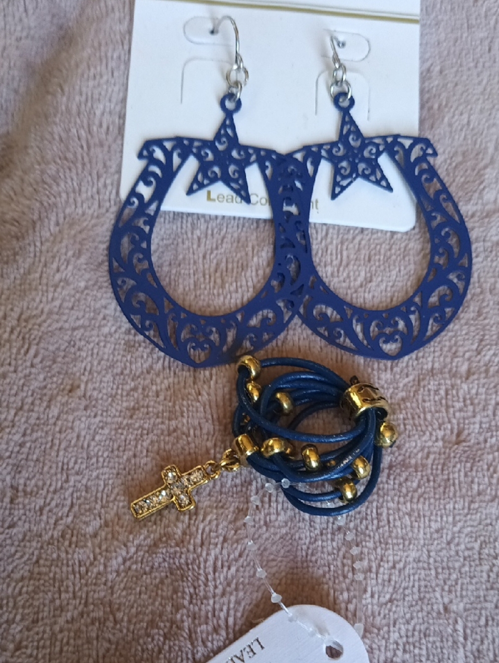 Blue Filigree Star Hoop Earrings & Blue Cord Ring with Gold Cross